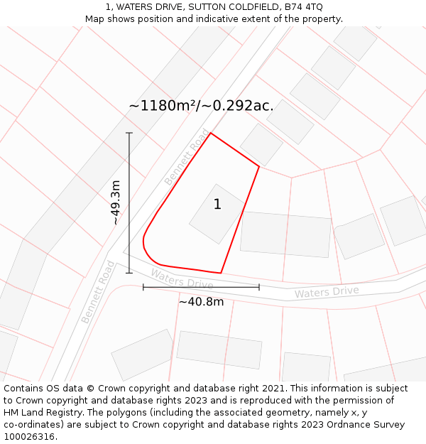 1, WATERS DRIVE, SUTTON COLDFIELD, B74 4TQ: Plot and title map