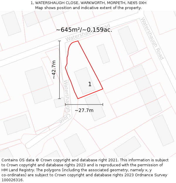 1, WATERSHAUGH CLOSE, WARKWORTH, MORPETH, NE65 0XH: Plot and title map