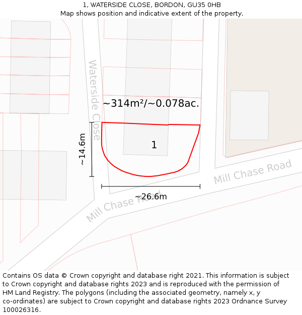 1, WATERSIDE CLOSE, BORDON, GU35 0HB: Plot and title map