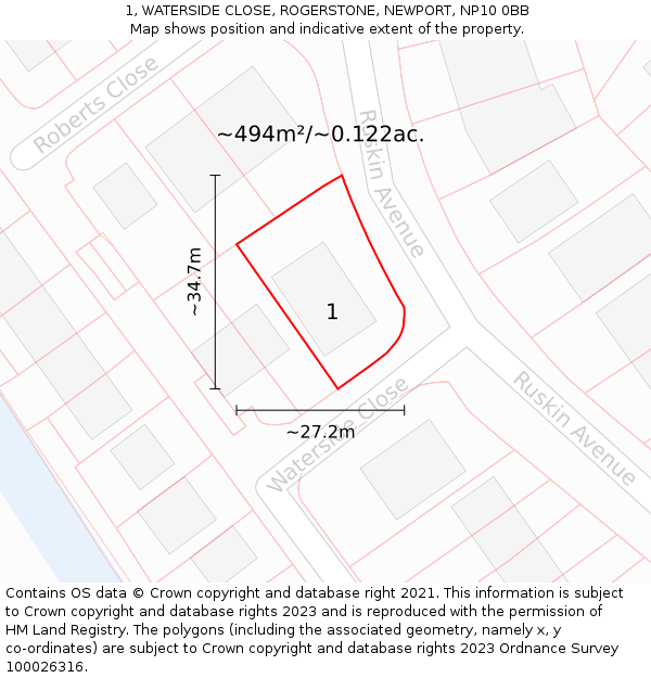 1, WATERSIDE CLOSE, ROGERSTONE, NEWPORT, NP10 0BB: Plot and title map