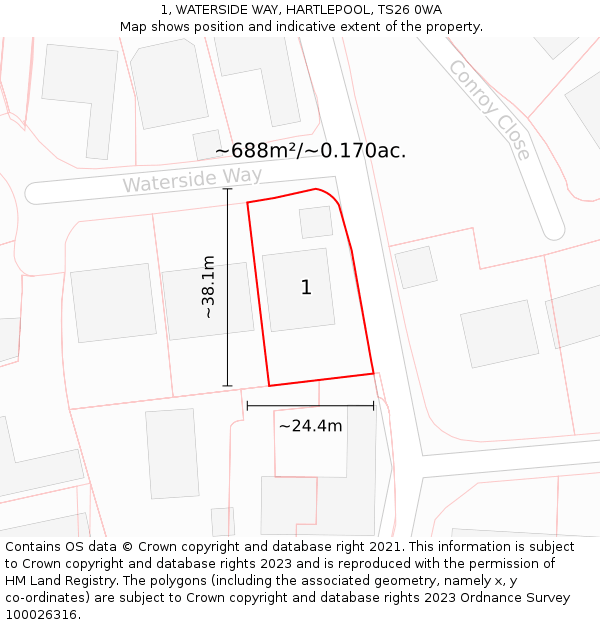1, WATERSIDE WAY, HARTLEPOOL, TS26 0WA: Plot and title map