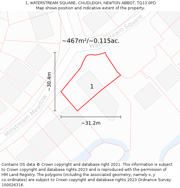 1, WATERSTREAM SQUARE, CHUDLEIGH, NEWTON ABBOT, TQ13 0PD: Plot and title map