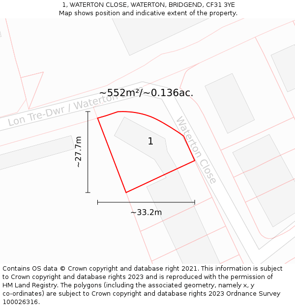 1, WATERTON CLOSE, WATERTON, BRIDGEND, CF31 3YE: Plot and title map