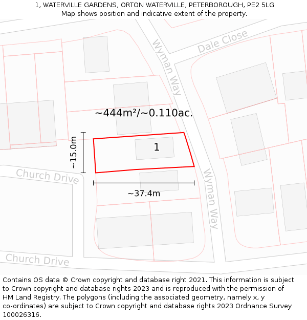 1, WATERVILLE GARDENS, ORTON WATERVILLE, PETERBOROUGH, PE2 5LG: Plot and title map