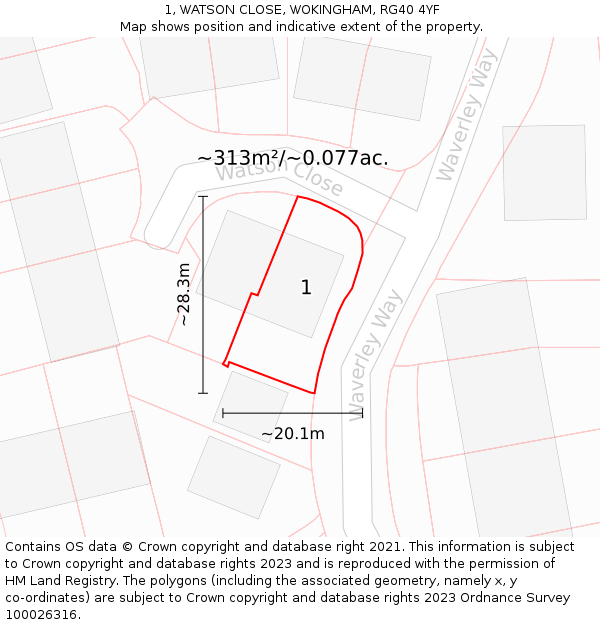 1, WATSON CLOSE, WOKINGHAM, RG40 4YF: Plot and title map