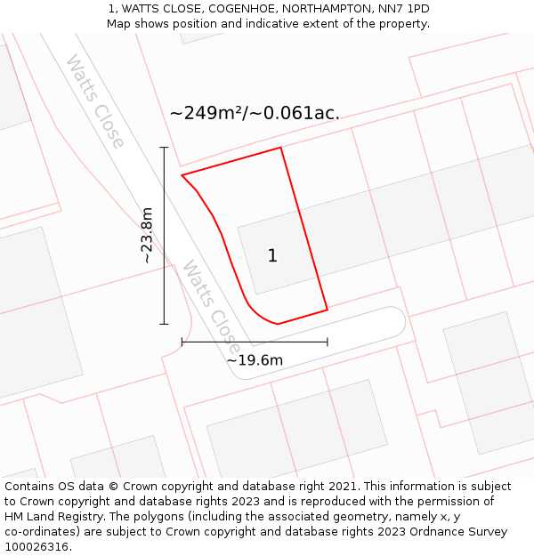 1, WATTS CLOSE, COGENHOE, NORTHAMPTON, NN7 1PD: Plot and title map