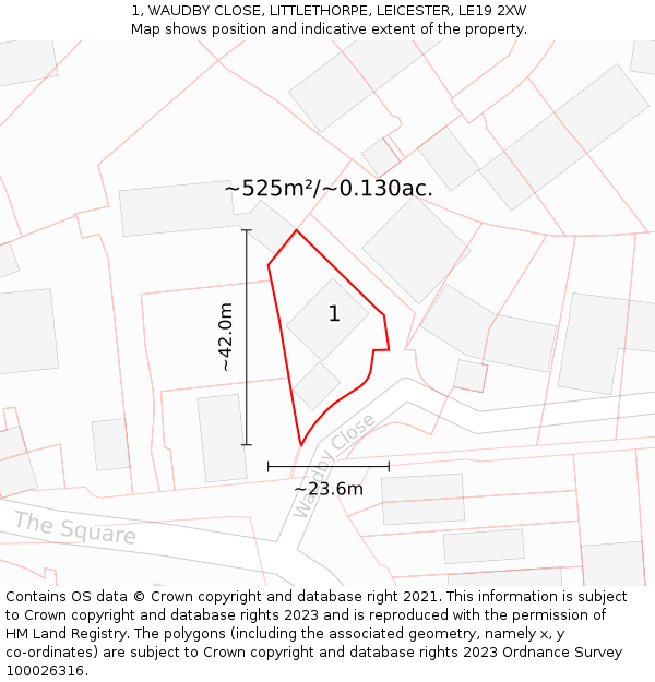 1, WAUDBY CLOSE, LITTLETHORPE, LEICESTER, LE19 2XW: Plot and title map