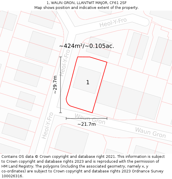 1, WAUN GRON, LLANTWIT MAJOR, CF61 2SF: Plot and title map