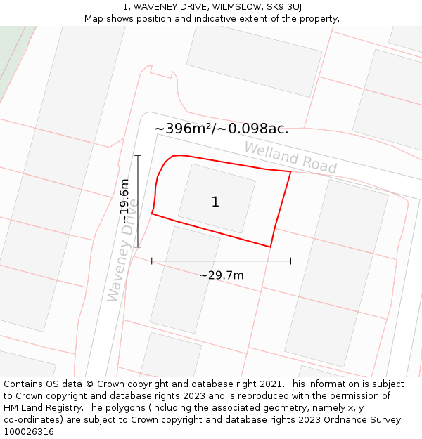 1, WAVENEY DRIVE, WILMSLOW, SK9 3UJ: Plot and title map
