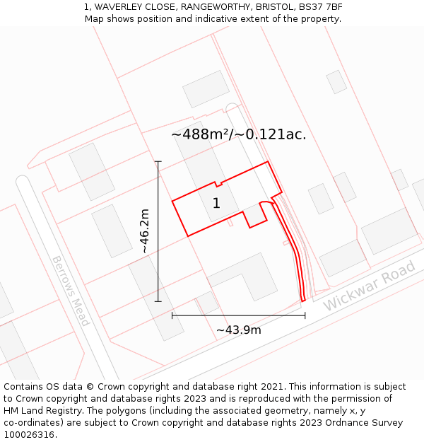 1, WAVERLEY CLOSE, RANGEWORTHY, BRISTOL, BS37 7BF: Plot and title map