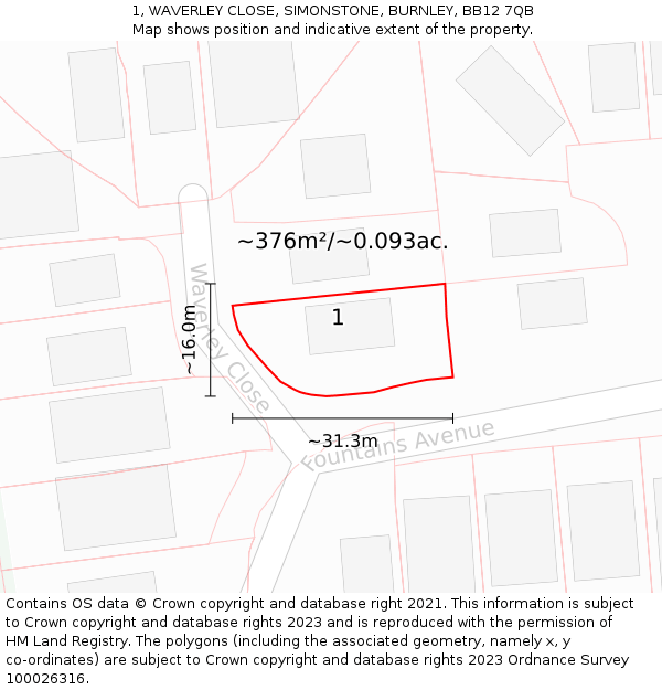 1, WAVERLEY CLOSE, SIMONSTONE, BURNLEY, BB12 7QB: Plot and title map