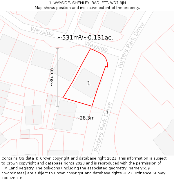 1, WAYSIDE, SHENLEY, RADLETT, WD7 9JN: Plot and title map
