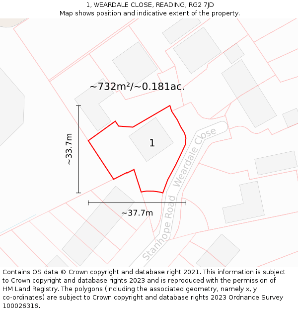 1, WEARDALE CLOSE, READING, RG2 7JD: Plot and title map