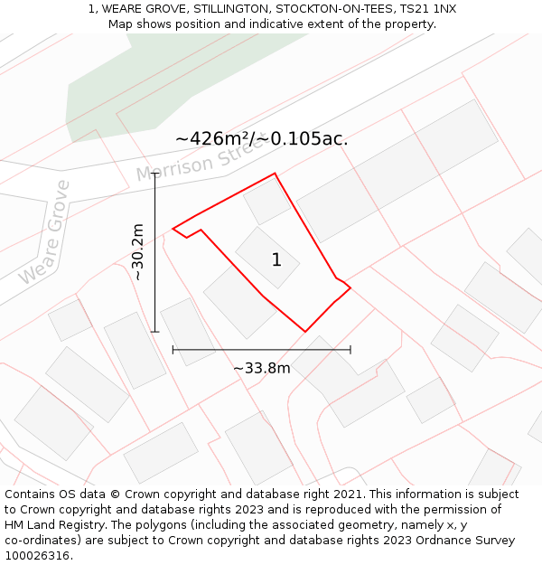 1, WEARE GROVE, STILLINGTON, STOCKTON-ON-TEES, TS21 1NX: Plot and title map