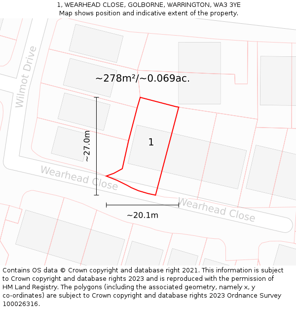 1, WEARHEAD CLOSE, GOLBORNE, WARRINGTON, WA3 3YE: Plot and title map