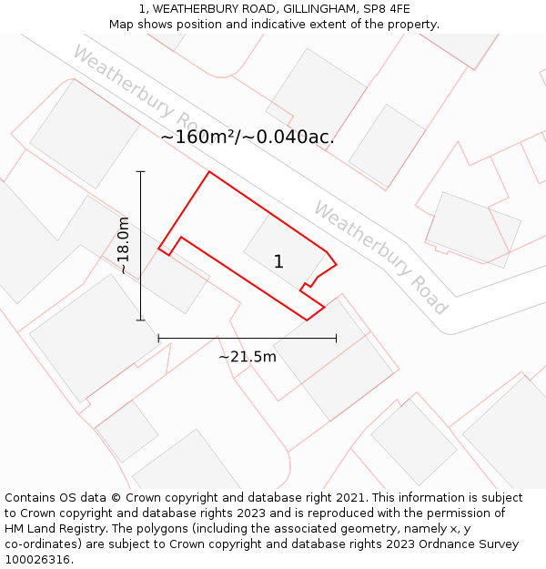 1, WEATHERBURY ROAD, GILLINGHAM, SP8 4FE: Plot and title map