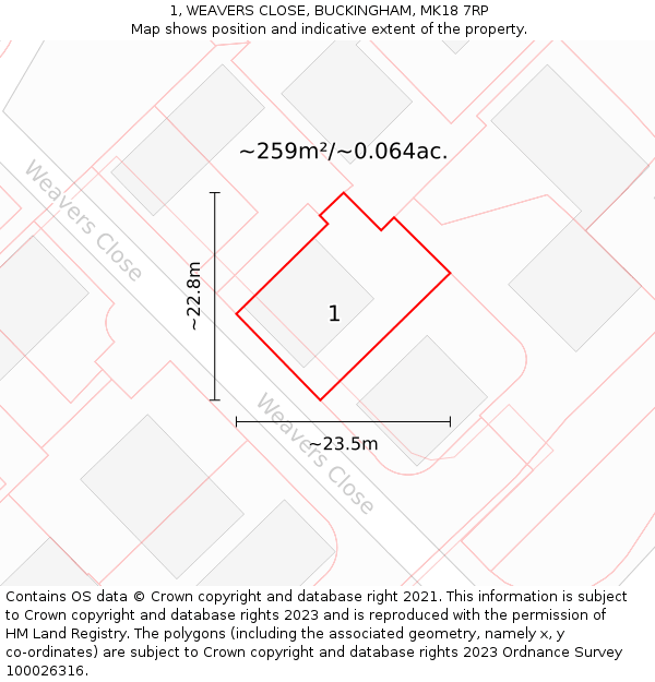 1, WEAVERS CLOSE, BUCKINGHAM, MK18 7RP: Plot and title map