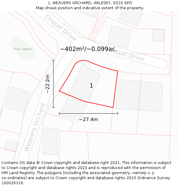 1, WEAVERS ORCHARD, ARLESEY, SG15 6PD: Plot and title map
