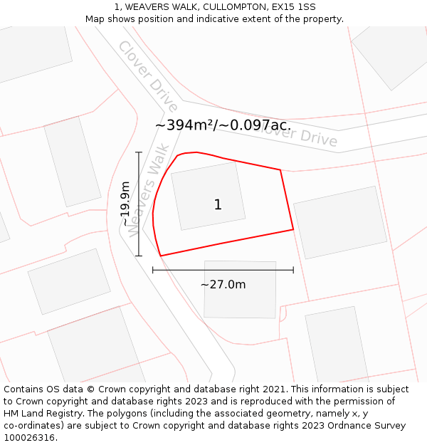 1, WEAVERS WALK, CULLOMPTON, EX15 1SS: Plot and title map