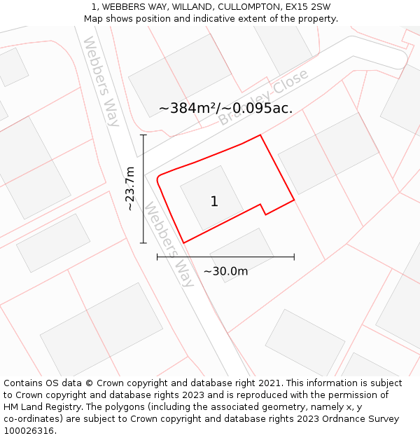 1, WEBBERS WAY, WILLAND, CULLOMPTON, EX15 2SW: Plot and title map