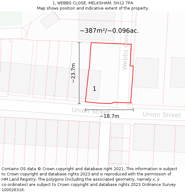 1, WEBBS CLOSE, MELKSHAM, SN12 7PA: Plot and title map
