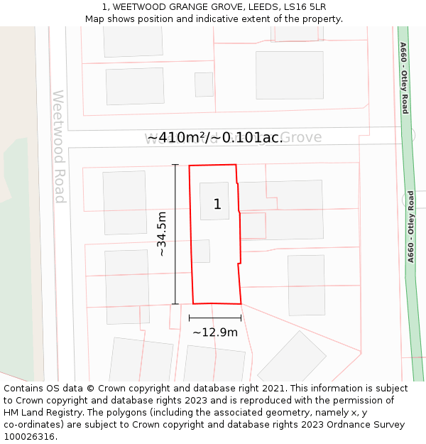 1, WEETWOOD GRANGE GROVE, LEEDS, LS16 5LR: Plot and title map