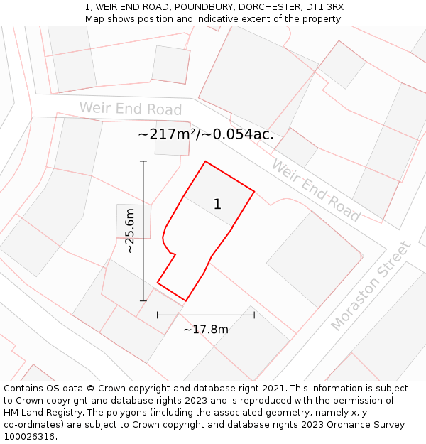 1, WEIR END ROAD, POUNDBURY, DORCHESTER, DT1 3RX: Plot and title map