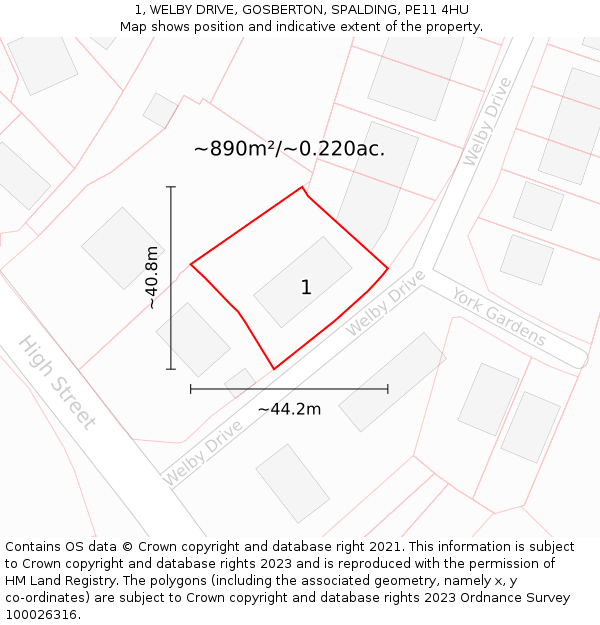 1, WELBY DRIVE, GOSBERTON, SPALDING, PE11 4HU: Plot and title map