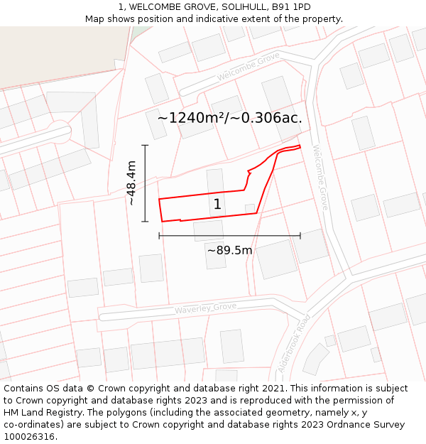 1, WELCOMBE GROVE, SOLIHULL, B91 1PD: Plot and title map