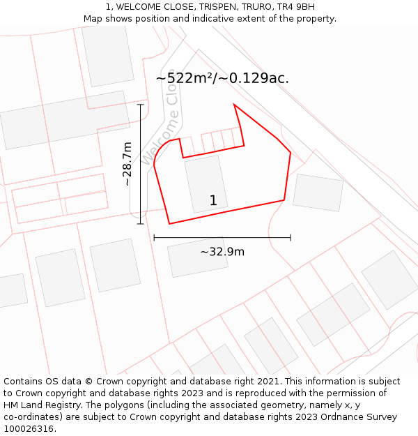 1, WELCOME CLOSE, TRISPEN, TRURO, TR4 9BH: Plot and title map
