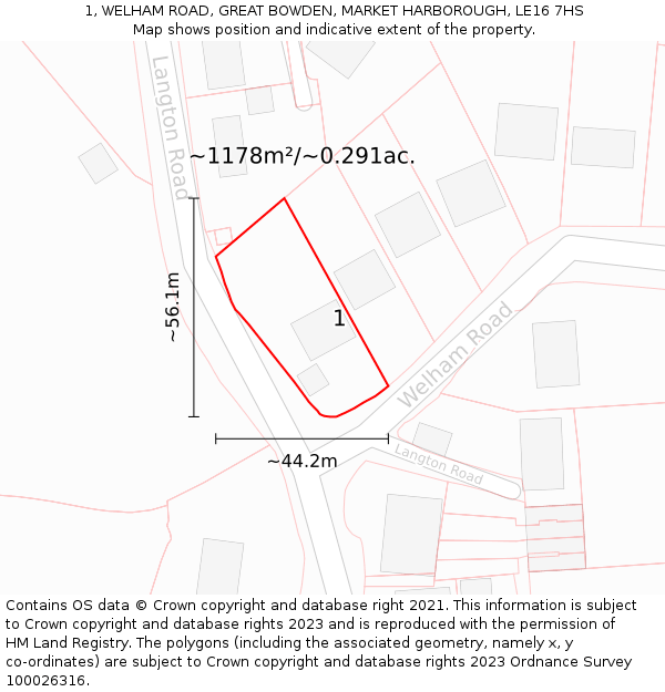 1, WELHAM ROAD, GREAT BOWDEN, MARKET HARBOROUGH, LE16 7HS: Plot and title map