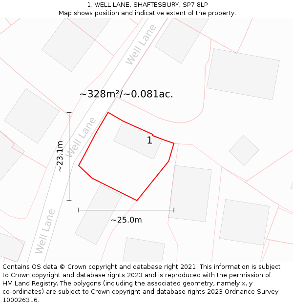 1, WELL LANE, SHAFTESBURY, SP7 8LP: Plot and title map
