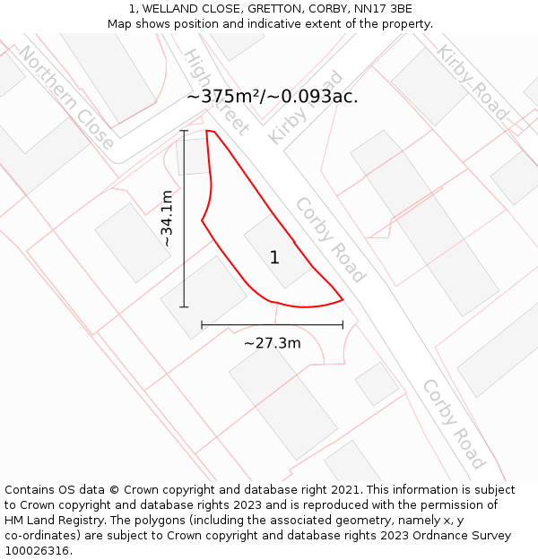1, WELLAND CLOSE, GRETTON, CORBY, NN17 3BE: Plot and title map