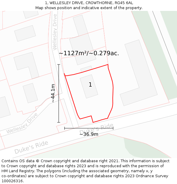 1, WELLESLEY DRIVE, CROWTHORNE, RG45 6AL: Plot and title map