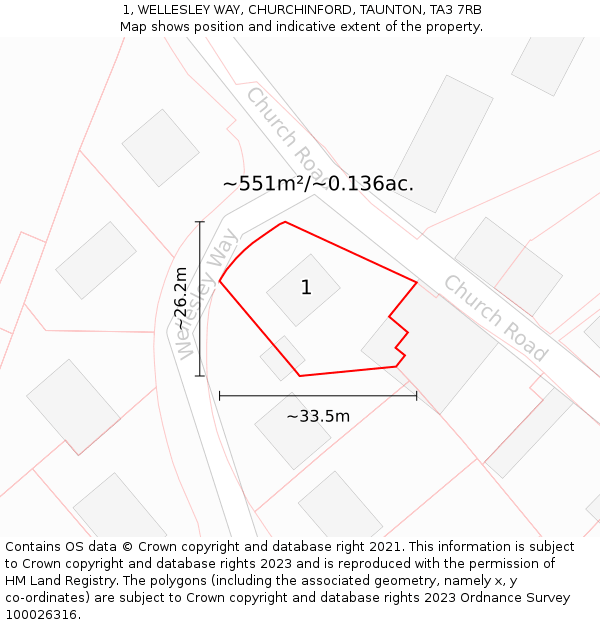 1, WELLESLEY WAY, CHURCHINFORD, TAUNTON, TA3 7RB: Plot and title map