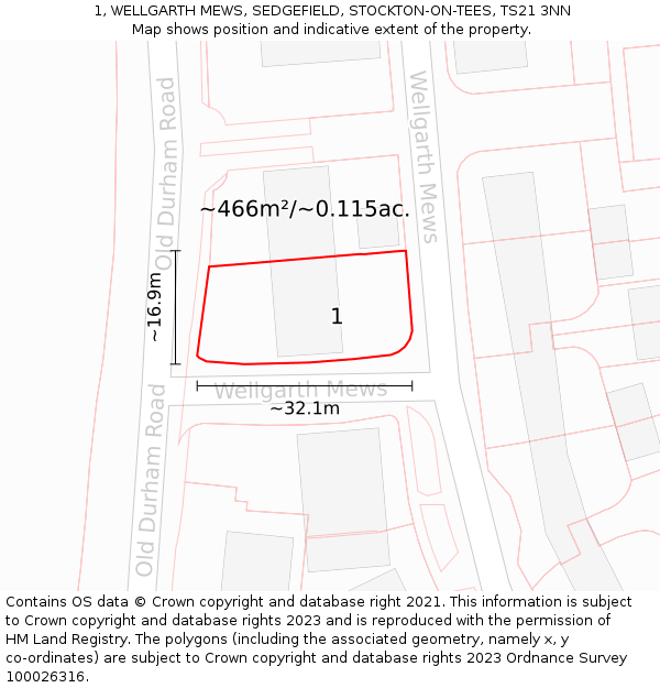 1, WELLGARTH MEWS, SEDGEFIELD, STOCKTON-ON-TEES, TS21 3NN: Plot and title map