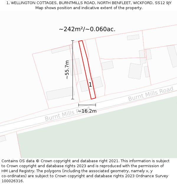 1, WELLINGTON COTTAGES, BURNTMILLS ROAD, NORTH BENFLEET, WICKFORD, SS12 9JY: Plot and title map