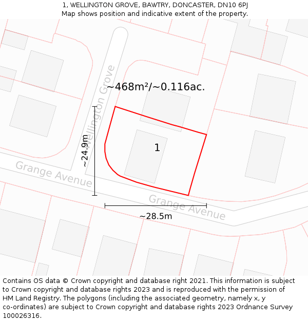 1, WELLINGTON GROVE, BAWTRY, DONCASTER, DN10 6PJ: Plot and title map