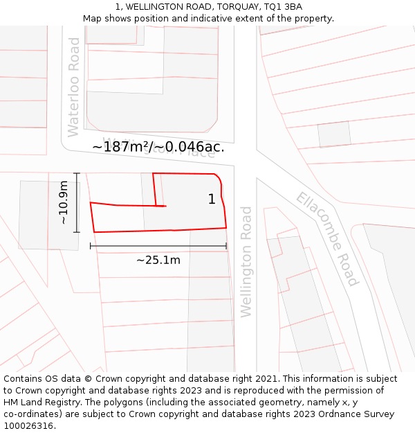 1, WELLINGTON ROAD, TORQUAY, TQ1 3BA: Plot and title map