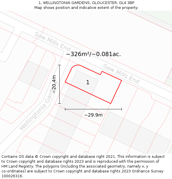 1, WELLINGTONIA GARDENS, GLOUCESTER, GL4 3BP: Plot and title map