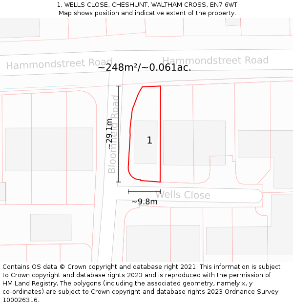 1, WELLS CLOSE, CHESHUNT, WALTHAM CROSS, EN7 6WT: Plot and title map