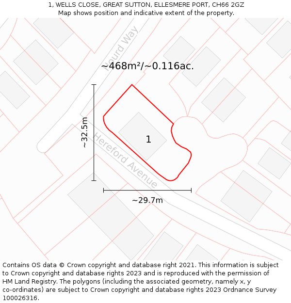 1, WELLS CLOSE, GREAT SUTTON, ELLESMERE PORT, CH66 2GZ: Plot and title map