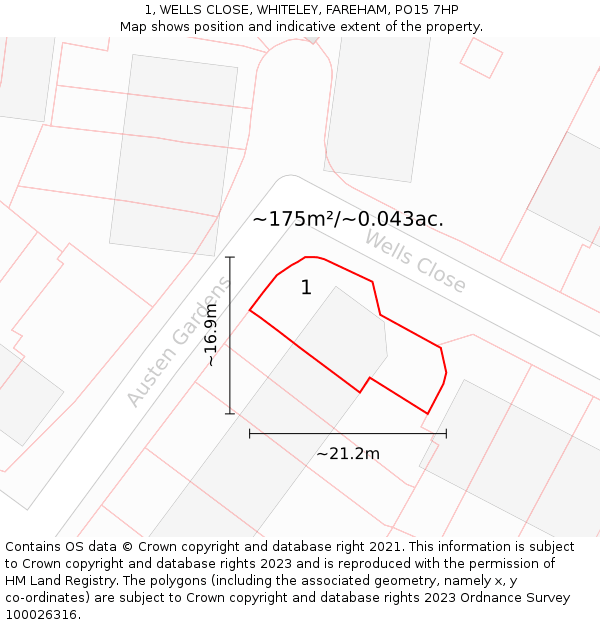 1, WELLS CLOSE, WHITELEY, FAREHAM, PO15 7HP: Plot and title map
