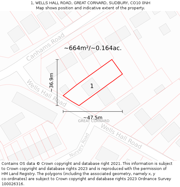 1, WELLS HALL ROAD, GREAT CORNARD, SUDBURY, CO10 0NH: Plot and title map