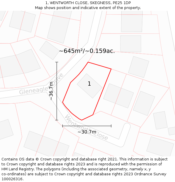 1, WENTWORTH CLOSE, SKEGNESS, PE25 1DP: Plot and title map