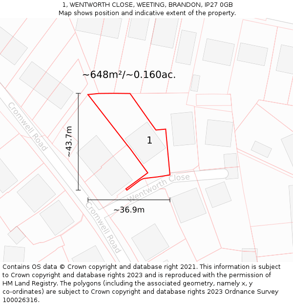 1, WENTWORTH CLOSE, WEETING, BRANDON, IP27 0GB: Plot and title map