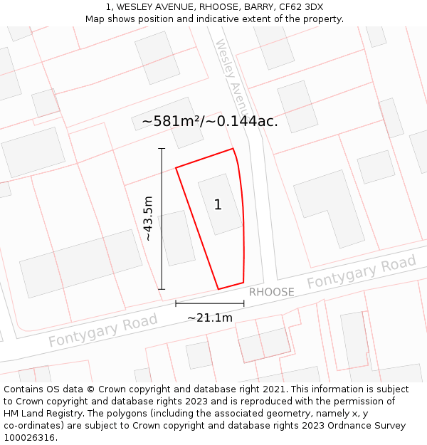 1, WESLEY AVENUE, RHOOSE, BARRY, CF62 3DX: Plot and title map