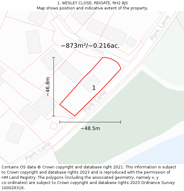 1, WESLEY CLOSE, REIGATE, RH2 8JS: Plot and title map