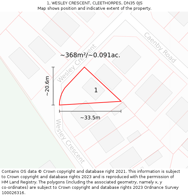 1, WESLEY CRESCENT, CLEETHORPES, DN35 0JS: Plot and title map