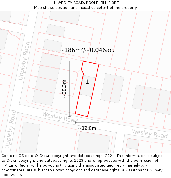 1, WESLEY ROAD, POOLE, BH12 3BE: Plot and title map